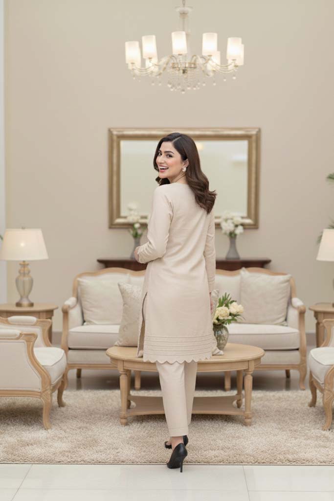 Aurora Scalloped Co-ord Set in Sand Beige