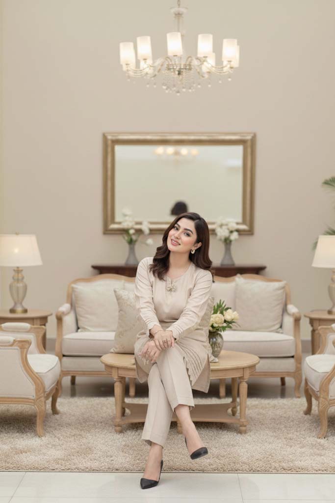 Aurora Scalloped Co-ord Set in Sand Beige