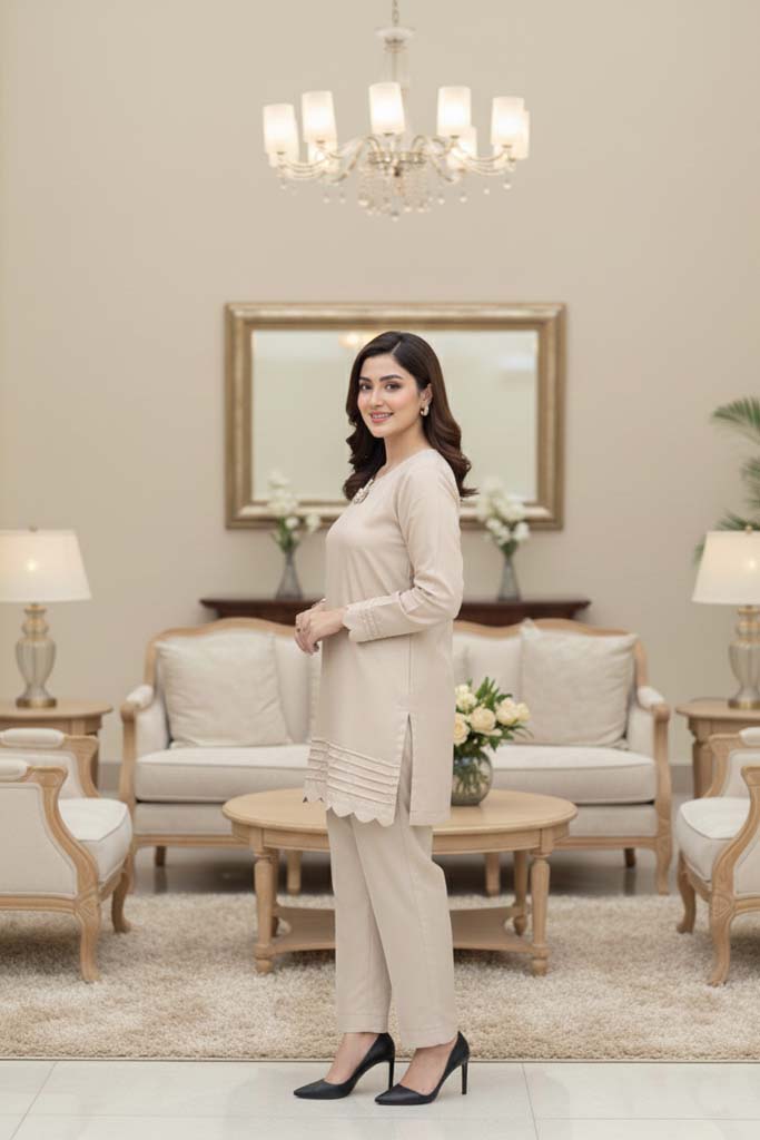 Aurora Scalloped Co-ord Set in Sand Beige