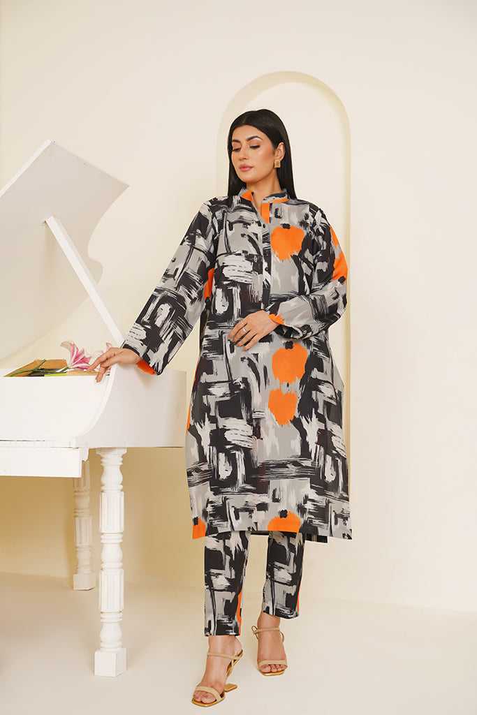 Black & Grey Abstract Print Co-ord Set with Orange Accents