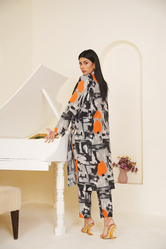 Black & Grey Abstract Print Co-ord Set with Orange Accents