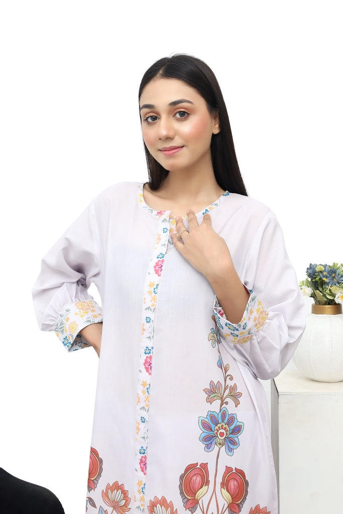 White Long Shirt with Colorful Printed Flowers