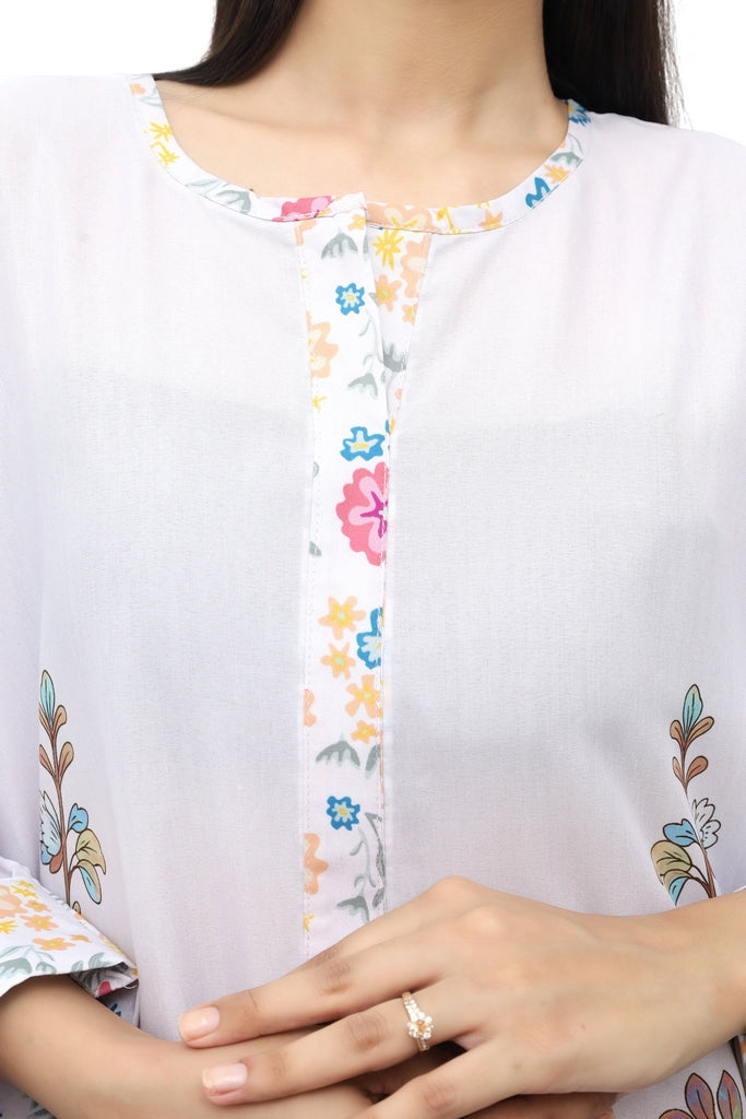 White Long Shirt with Colorful Printed Flowers