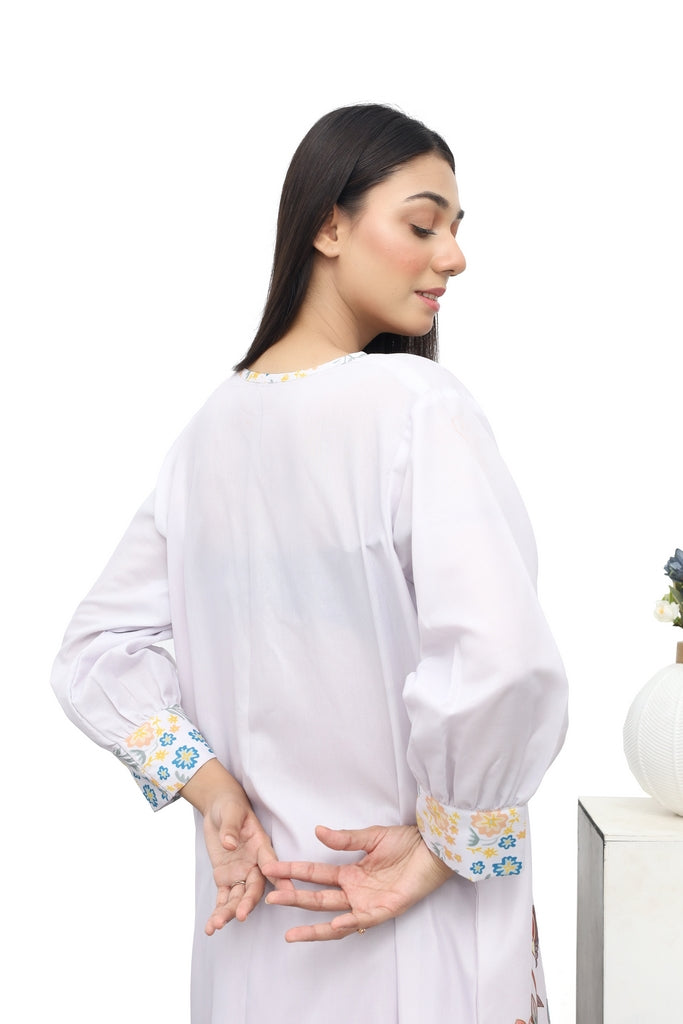 White Long Shirt with Colorful Printed Flowers