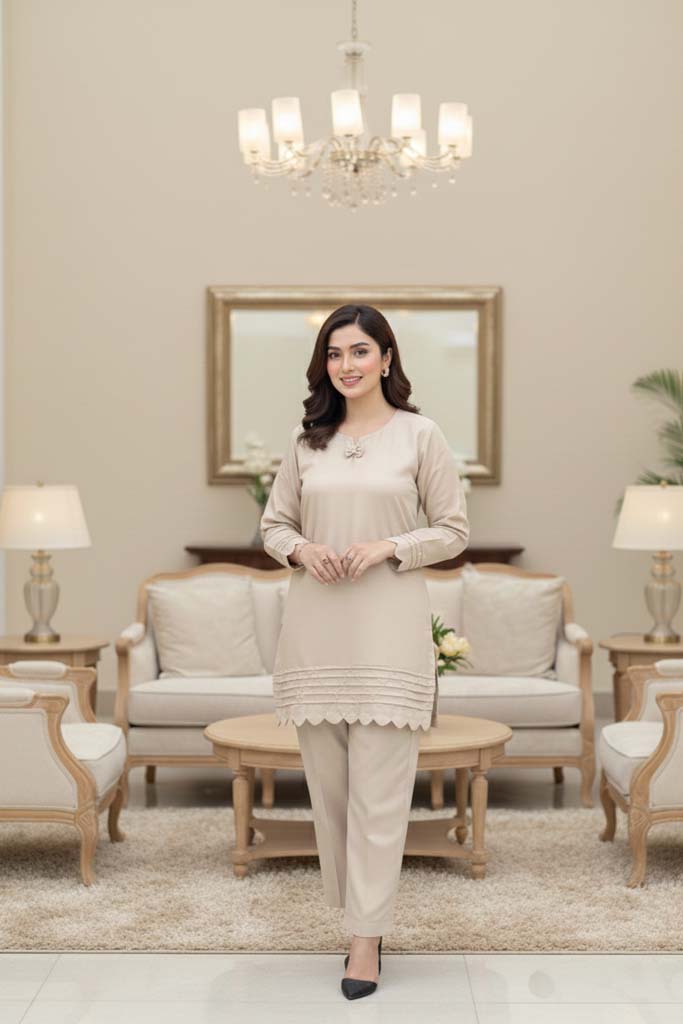 Aurora Scalloped Co-ord Set in Sand Beige