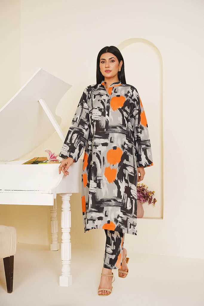 Black & Grey Abstract Print Co-ord Set with Orange Accents