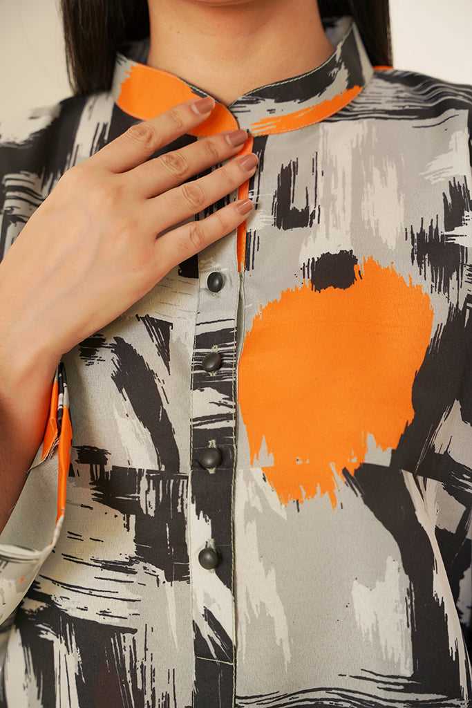 Black & Grey Abstract Print Co-ord Set with Orange Accents