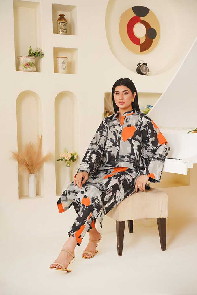 Black & Grey Abstract Print Co-ord Set with Orange Accents