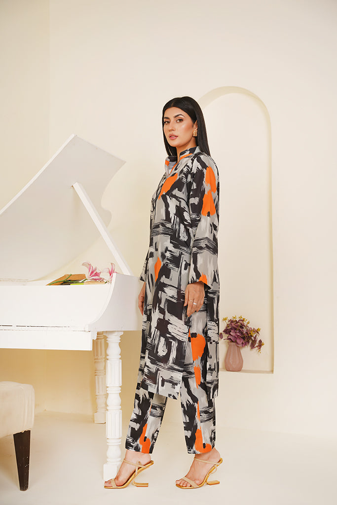Black & Grey Abstract Print Co-ord Set with Orange Accents