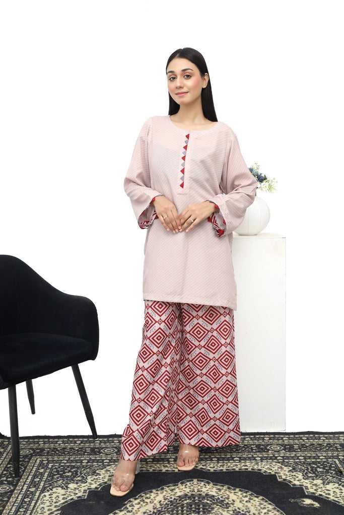 Geometric Print Palazzo Suit with Contrast-Trim Kurti