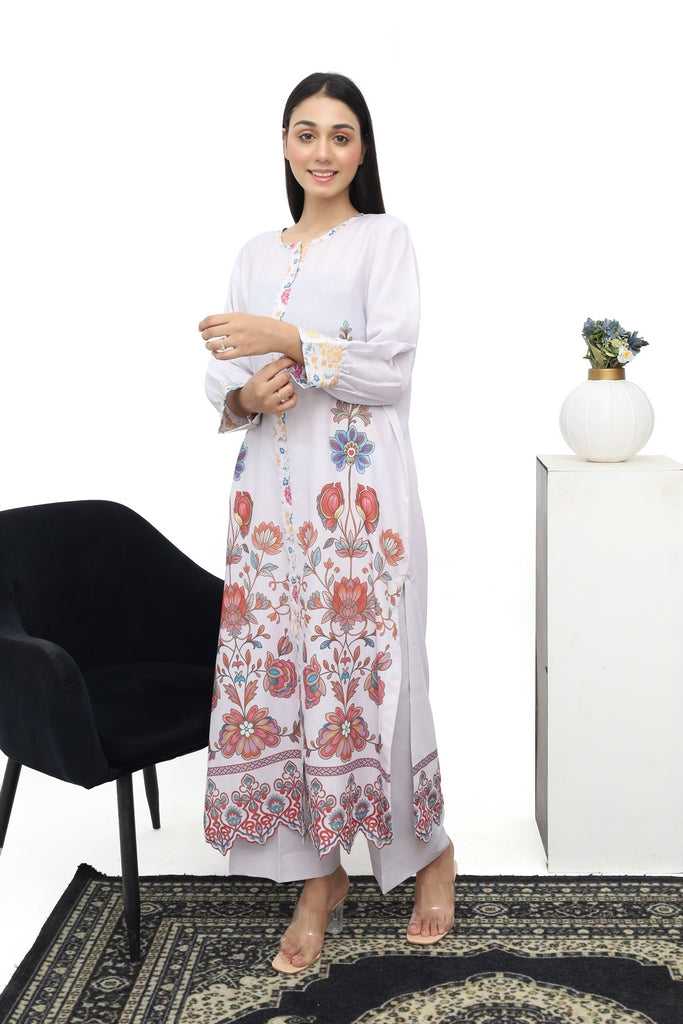 White Long Shirt with Colorful Printed Flowers